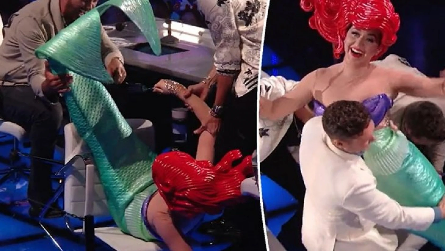 Denizkızı kostümü giyen Katy Perry, canlı yayında yere düştü