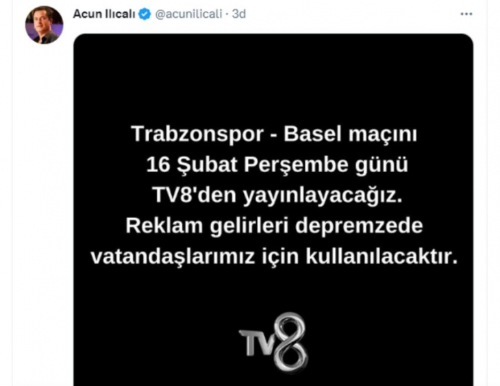 Acun Ilıcalı açıkladı! Trabzonspor-Basel maçı TV8'de yayınlanacak!