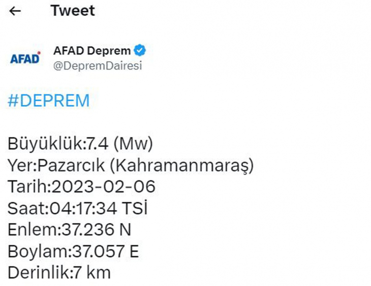 Kahramanmaraş Pazarcık'ta 7.4 şiddetinde deprem