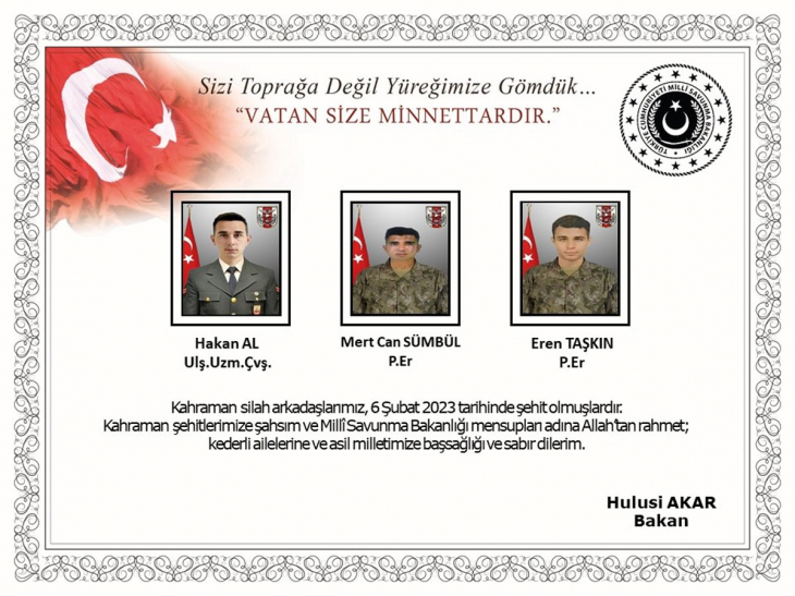 Hatay'daki depremde şehit olan 3 askerin ismi belli oldu